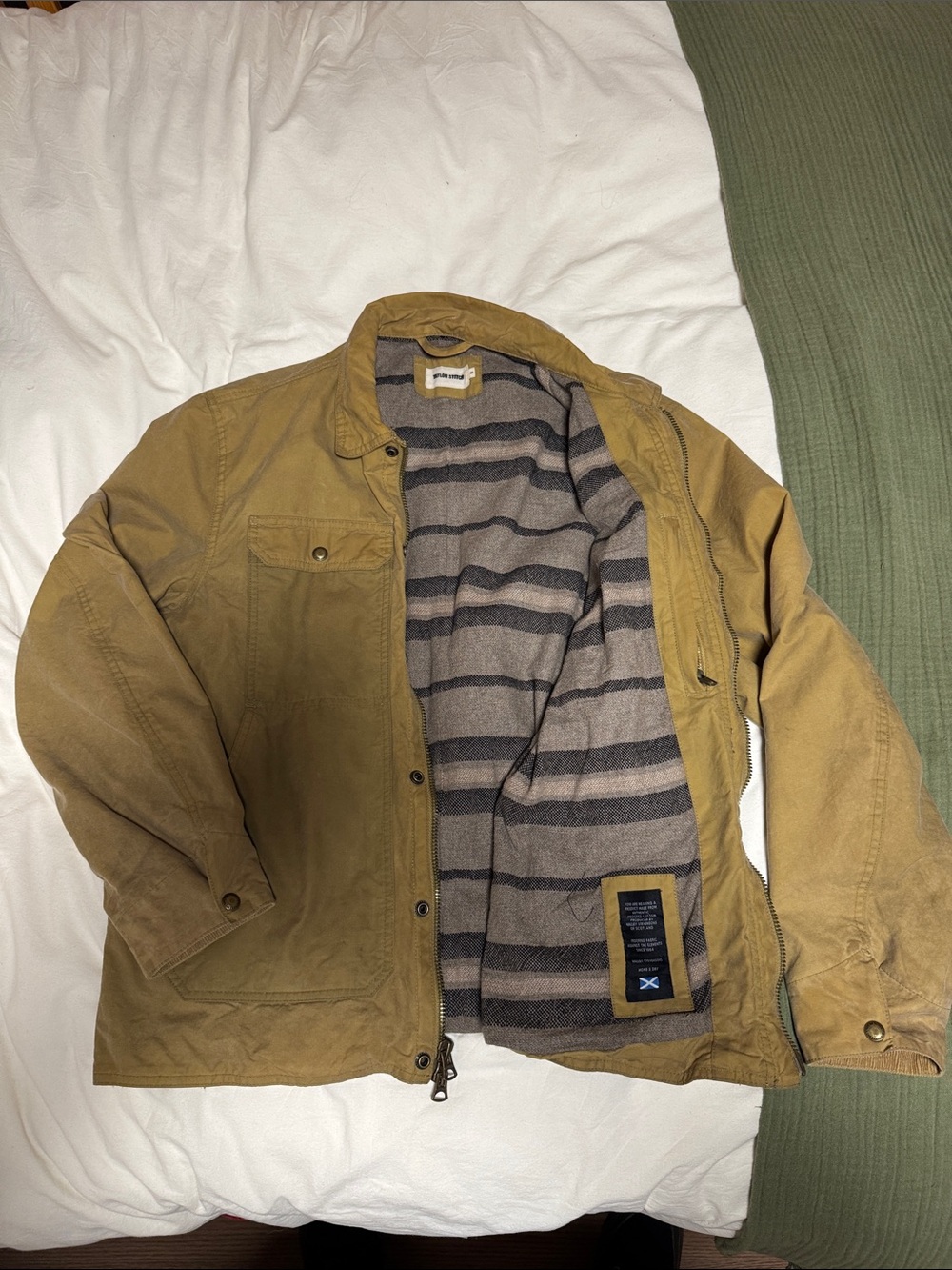 Taylor Stitch Lined Long Shore Jacket in Harvest Tan Waxed Canvas